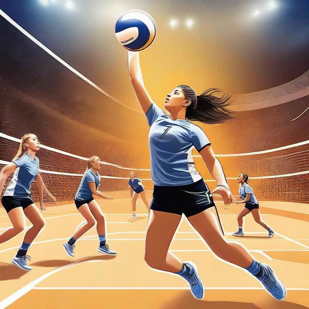 This is a high-quality digital art image showcasing a moment in a volleyball game