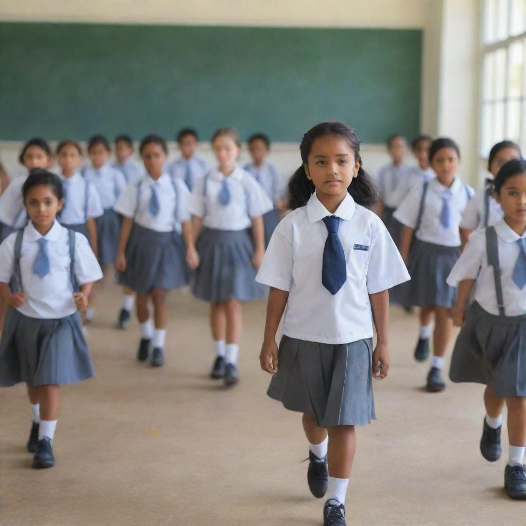 An eight-year-old girl leading her class through the school, all wearing grey and white uniforms