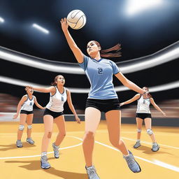 This is a high-quality digital art image showcasing a moment in a volleyball game