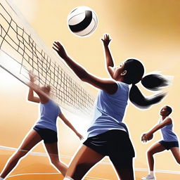 This is a high-quality digital art image showcasing a moment in a volleyball game