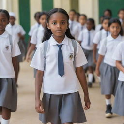 An eight-year-old girl leading her class through the school, all wearing grey and white uniforms