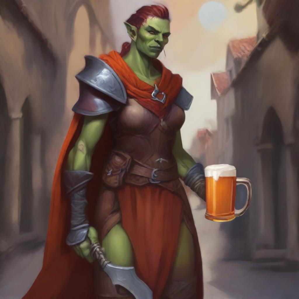 The image is a vibrant digital art portrayal of an androgynous femme half-orc warrior