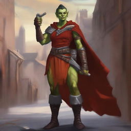 The image is a vibrant digital art portrayal of an androgynous femme half-orc warrior