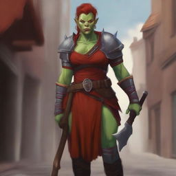 The image is a vibrant digital art portrayal of an androgynous femme half-orc warrior