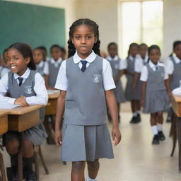 An eight-year-old girl leading her class through the school, all wearing grey and white uniforms