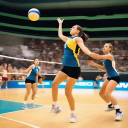 This is a high-resolution photograph capturing a real-life volleyball match