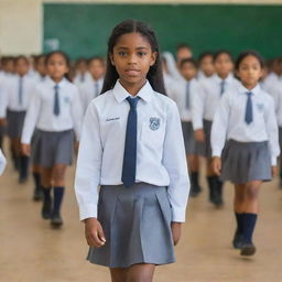 An eight-year-old girl leading her class through the school, all wearing grey and white uniforms