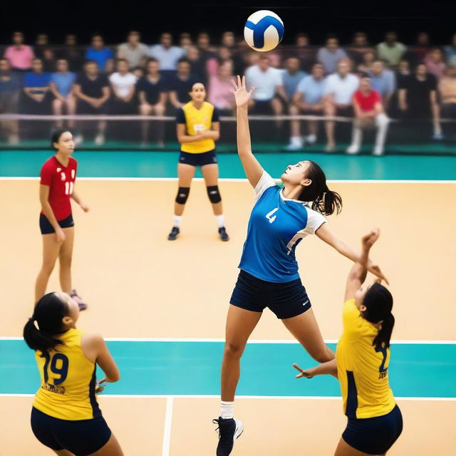 This is a high-resolution photograph capturing a real-life volleyball match