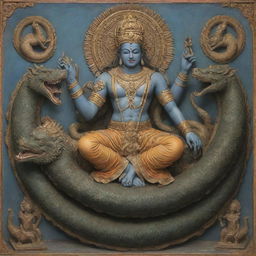 Vishnu, a Hindu god, lying serenely on a multi-headed Naga serpent, observing the world of humans from above