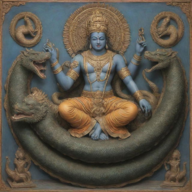 Vishnu, a Hindu god, lying serenely on a multi-headed Naga serpent, observing the world of humans from above