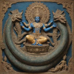 Vishnu, a Hindu god, lying serenely on a multi-headed Naga serpent, observing the world of humans from above