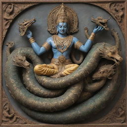 Vishnu, a Hindu god, lying serenely on a multi-headed Naga serpent, observing the world of humans from above