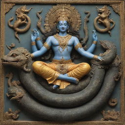 Vishnu, a Hindu god, lying serenely on a multi-headed Naga serpent, observing the world of humans from above