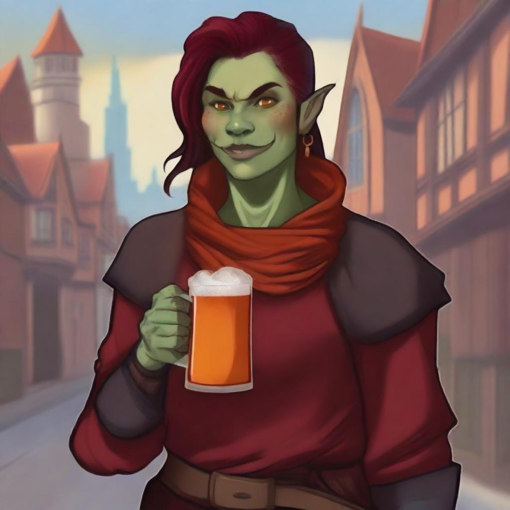 This is a high-quality digital art image of an androgynous femme half-orc cleric