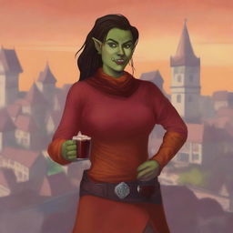 This is a high-quality digital art image of an androgynous femme half-orc cleric