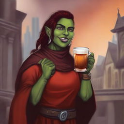 This is a high-quality digital art image of an androgynous femme half-orc cleric