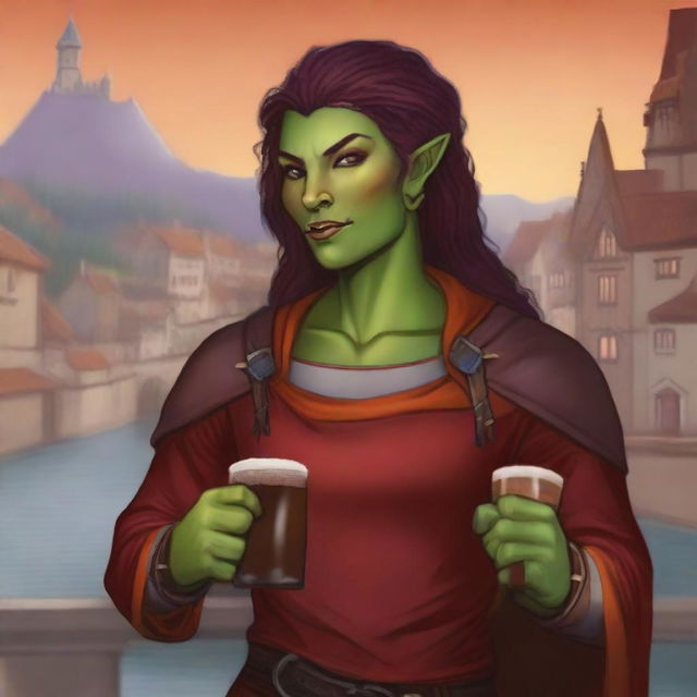 This is a high-quality digital art image of an androgynous femme half-orc cleric