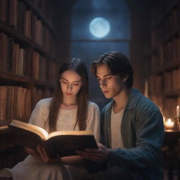 An immersive scene in a fantasy library. A 21-year-old man with short hair and a girl with long hair are inside, captivated by a book in the soothing moonlight.