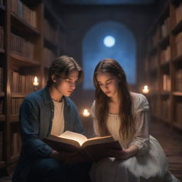 An immersive scene in a fantasy library. A 21-year-old man with short hair and a girl with long hair are inside, captivated by a book in the soothing moonlight.