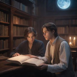 An immersive scene in a fantasy library. A 21-year-old man with short hair and a girl with long hair are inside, captivated by a book in the soothing moonlight.