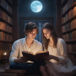 An immersive scene in a fantasy library. A 21-year-old man with short hair and a girl with long hair are inside, captivated by a book in the soothing moonlight.