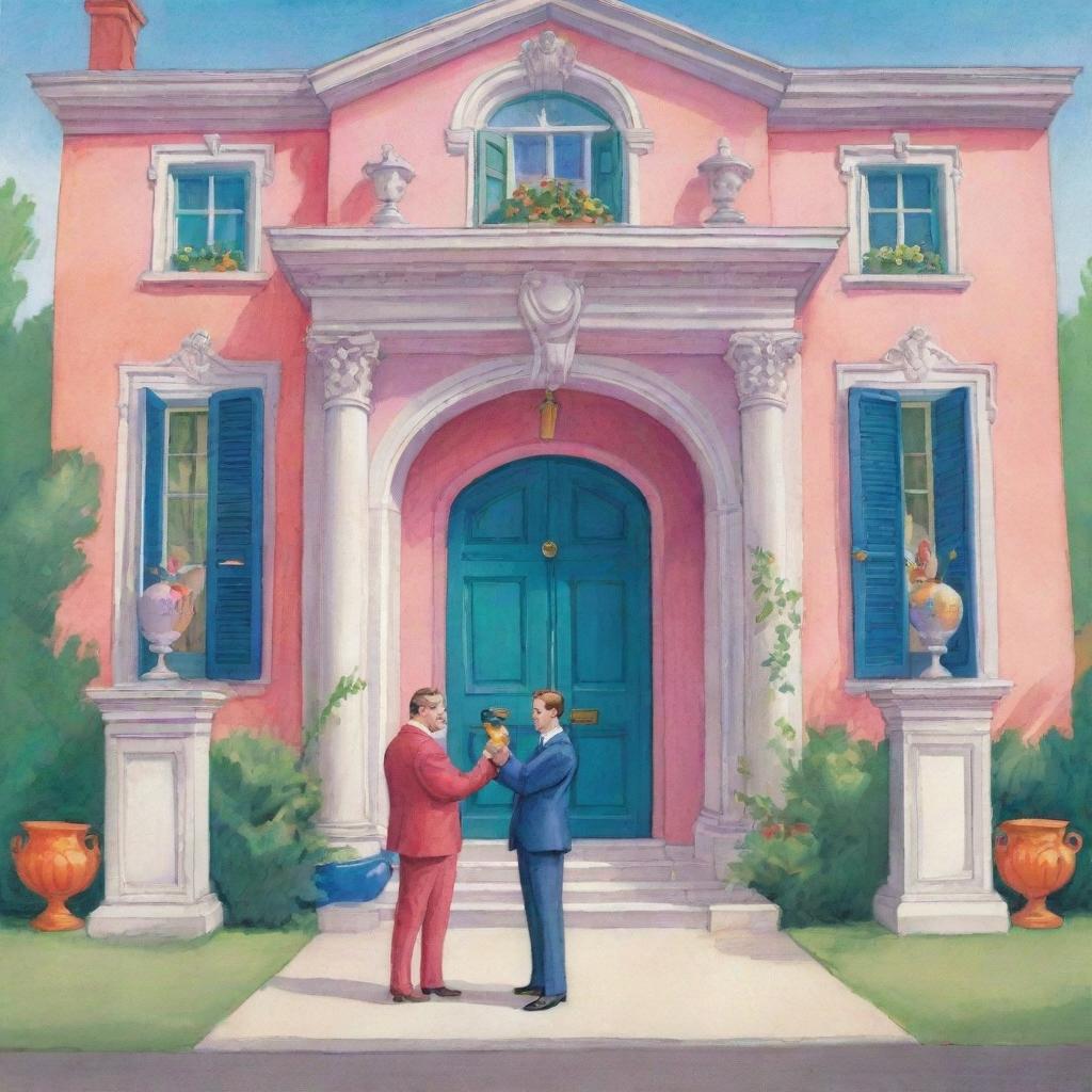 A vibrant cartoon image of an elegant mansion, featuring a characterful man standing at the entrance, lovingly cradling a colorful bird in his hands.