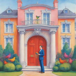 A vibrant cartoon image of an elegant mansion, featuring a characterful man standing at the entrance, lovingly cradling a colorful bird in his hands.