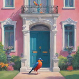 A vibrant cartoon image of an elegant mansion, featuring a characterful man standing at the entrance, lovingly cradling a colorful bird in his hands.