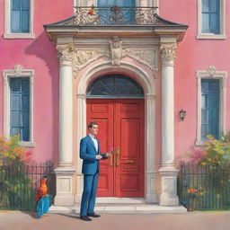 A vibrant cartoon image of an elegant mansion, featuring a characterful man standing at the entrance, lovingly cradling a colorful bird in his hands.