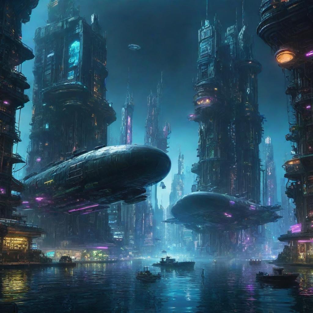 Two adjoining, enormous, sprawling futuristic cyberpunk cities submerged underwater; both vividly lit with neon lights. Colossal submarines explore the cities, while fleets of airborne vehicles hover above. Each city uniquely magnificent.