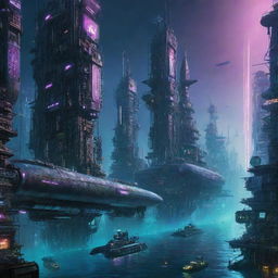 Two adjoining, enormous, sprawling futuristic cyberpunk cities submerged underwater; both vividly lit with neon lights. Colossal submarines explore the cities, while fleets of airborne vehicles hover above. Each city uniquely magnificent.