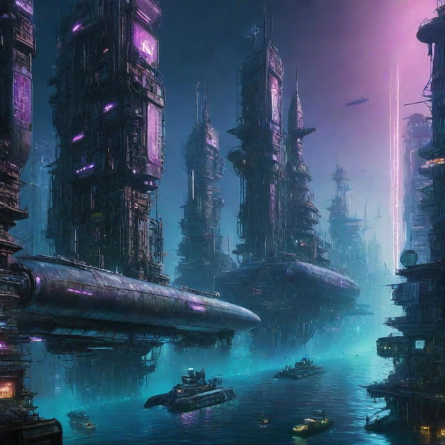 Two adjoining, enormous, sprawling futuristic cyberpunk cities submerged underwater; both vividly lit with neon lights. Colossal submarines explore the cities, while fleets of airborne vehicles hover above. Each city uniquely magnificent.