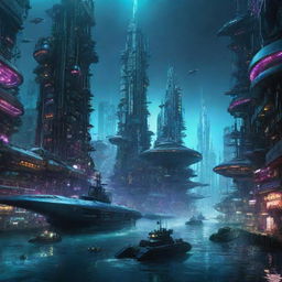 Two adjoining, enormous, sprawling futuristic cyberpunk cities submerged underwater; both vividly lit with neon lights. Colossal submarines explore the cities, while fleets of airborne vehicles hover above. Each city uniquely magnificent.