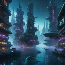 Two adjoining, enormous, sprawling futuristic cyberpunk cities submerged underwater; both vividly lit with neon lights. Colossal submarines explore the cities, while fleets of airborne vehicles hover above. Each city uniquely magnificent.