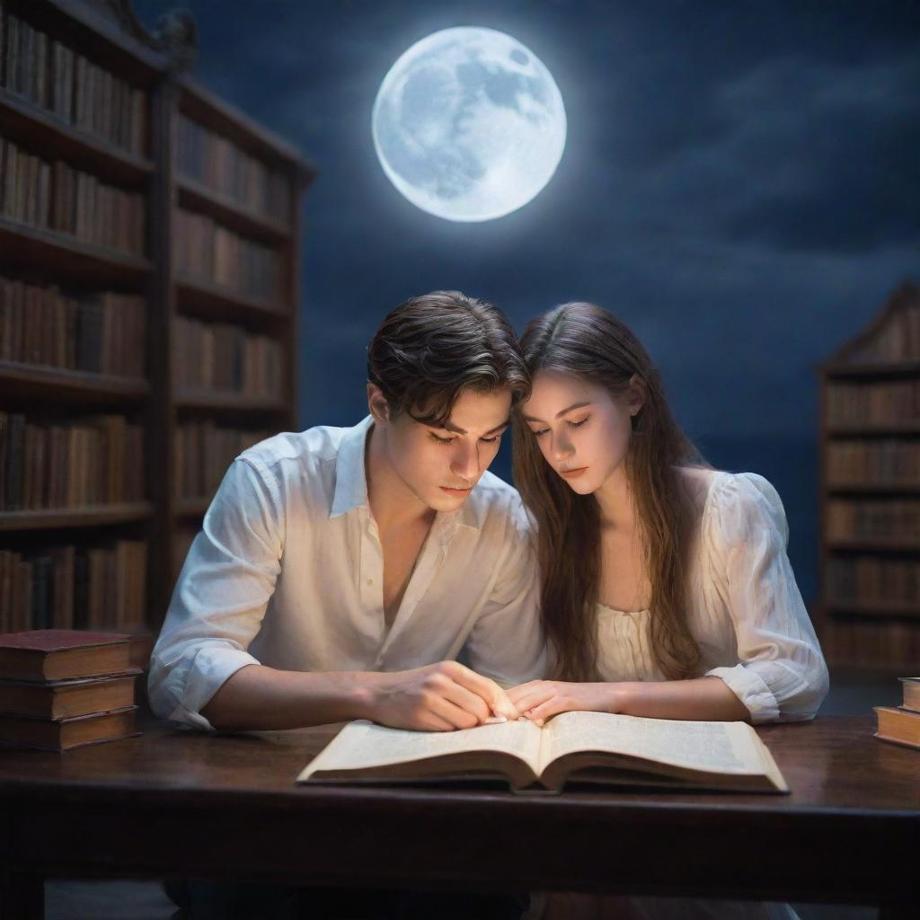 A splendid fantasy library featuring a 21-year-old man with short hair and a beautiful girl with flowing long hair, both engrossed in reading a book under the serene cast of the moonlight.