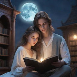 A splendid fantasy library featuring a 21-year-old man with short hair and a beautiful girl with flowing long hair, both engrossed in reading a book under the serene cast of the moonlight.