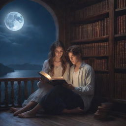 A splendid fantasy library featuring a 21-year-old man with short hair and a beautiful girl with flowing long hair, both engrossed in reading a book under the serene cast of the moonlight.