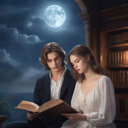 A splendid fantasy library featuring a 21-year-old man with short hair and a beautiful girl with flowing long hair, both engrossed in reading a book under the serene cast of the moonlight.