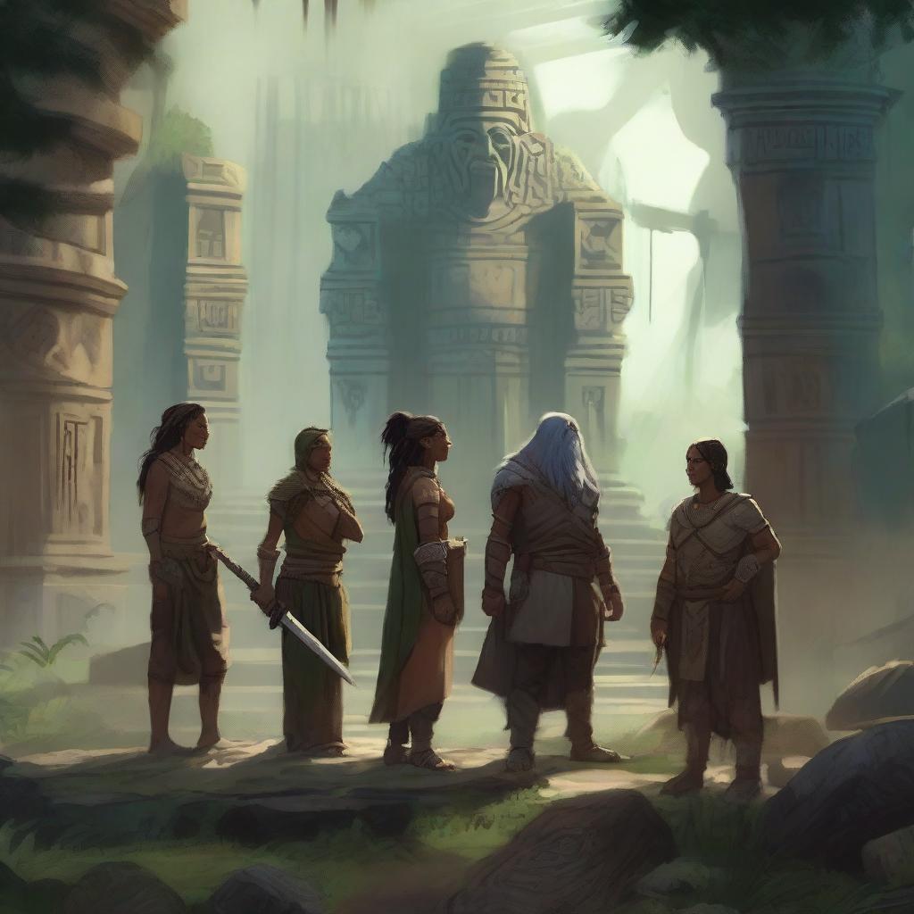 An image of exceptional quality, rendered in digital art, portrays a scene amidst the ruins of an ancient Aztec city, hidden within a verdant jungle