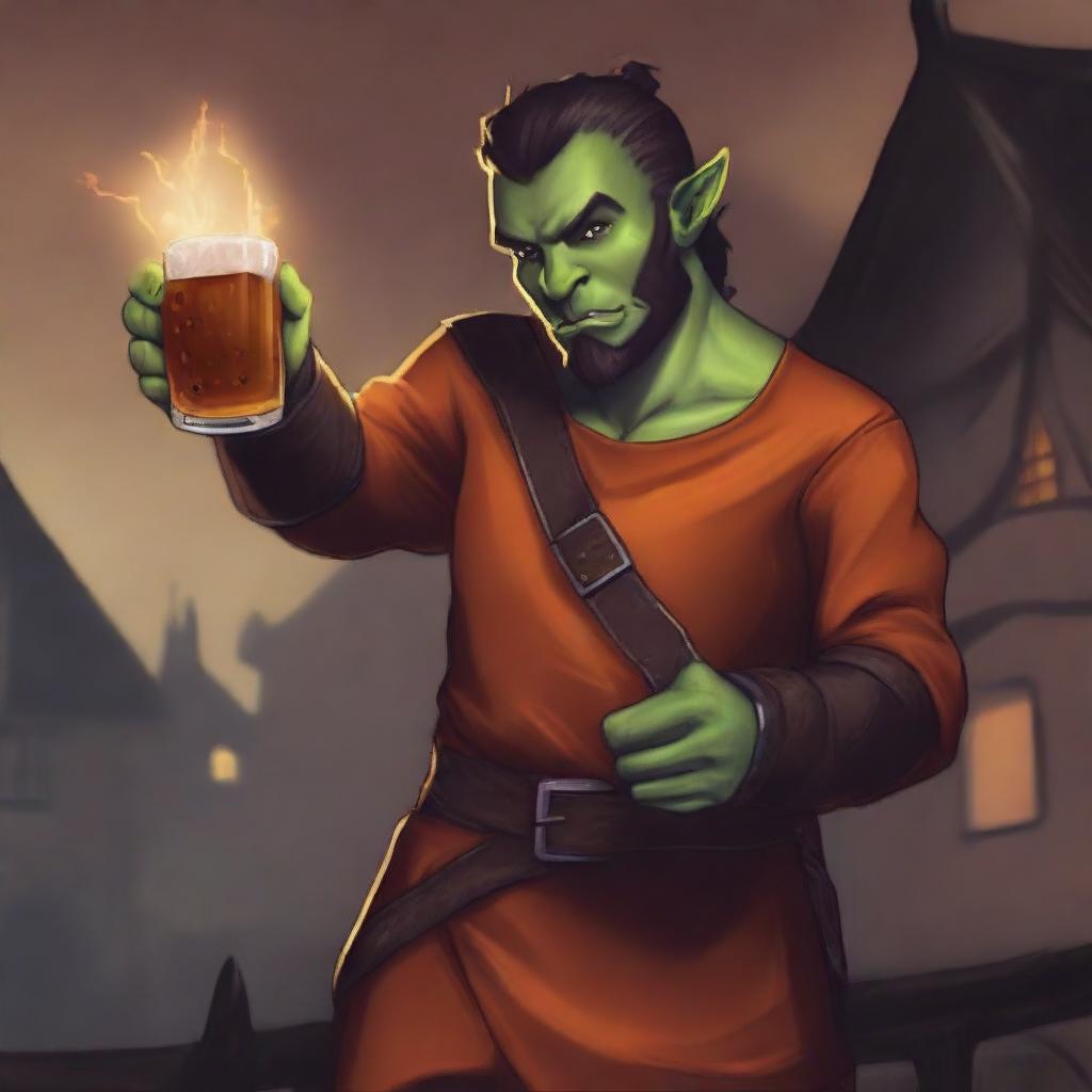 An image in a high-quality digital art style, featuring a half-orc character situated in a medieval city setting