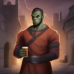 An image in a high-quality digital art style, featuring a half-orc character situated in a medieval city setting