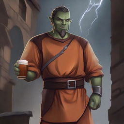 An image in a high-quality digital art style, featuring a half-orc character situated in a medieval city setting