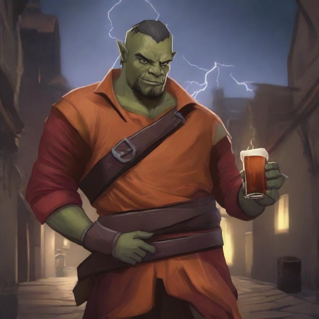 An image in a high-quality digital art style, featuring a half-orc character situated in a medieval city setting