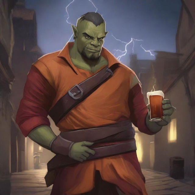 An image in a high-quality digital art style, featuring a half-orc character situated in a medieval city setting