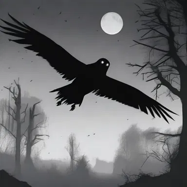 In the horror movie, a daw flies by ominously at night, adding an eerie atmosphere.