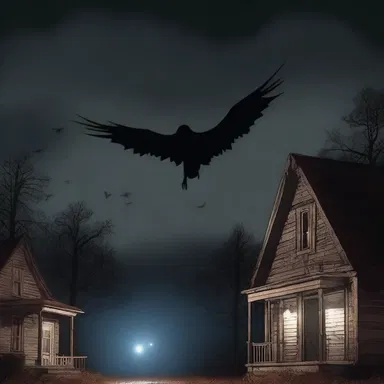 In the horror movie, a daw flies by ominously at night, adding an eerie atmosphere.