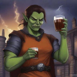 This is a digital art image, both sharp and vibrant, featuring an androgynous half-orc in medieval attire