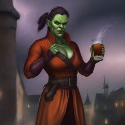 This is a digital art image, both sharp and vibrant, featuring an androgynous half-orc in medieval attire