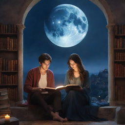 Enter a magical fantasy library where a 21-year-old man with short hair and a beautiful Turkish girl with long hair are engrossed in reading a book, under the mystic glow of the moon.