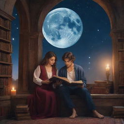 Enter a magical fantasy library where a 21-year-old man with short hair and a beautiful Turkish girl with long hair are engrossed in reading a book, under the mystic glow of the moon.